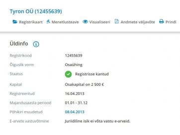 Tyron OÜ (12455639) osalus 2500 eurot (100%)